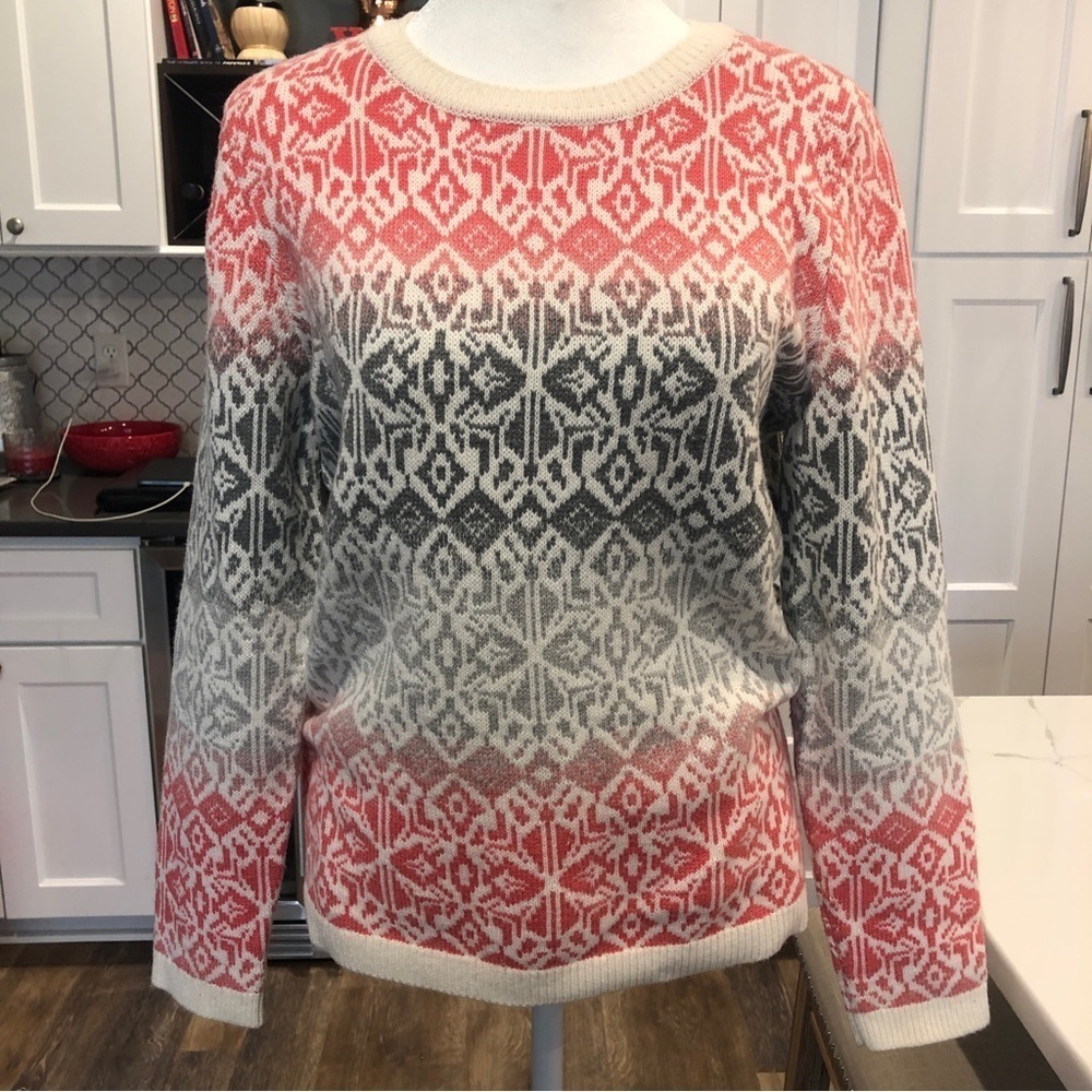 Talbots Petites M Grey Orange Faire Isle Lambswool Blend Ski Sweater Granny core